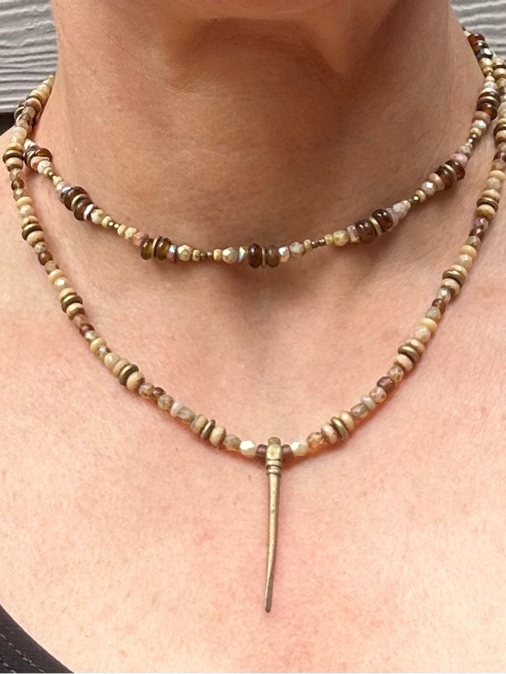 Artisan Neutral Multicolor Beaded Layered Necklace with Brass Dagger Pendant